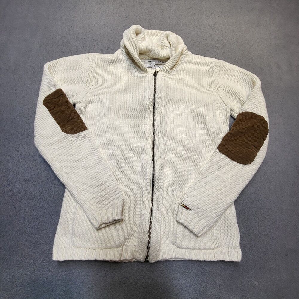 Vintage Tommy Hilfiger Sweater Womens M White Full‎ Zip Cardigan Elbow Patch